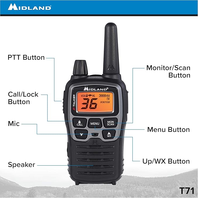 Midland T71VP3 36 Channel FRS Two-Way Radio - Up to 38 Mile Range Walkie Talkie - Black/Silver (Pack of 6)