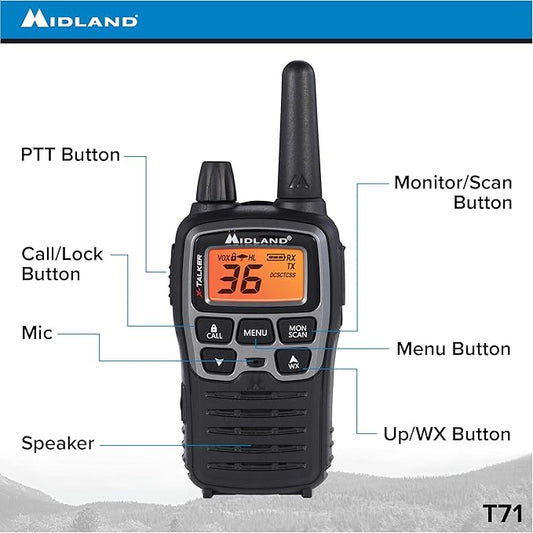 Midland T71VP3 36 Channel FRS Two-Way Radio - Up to 38 Mile Range Walkie Talkie - Black/Silver (Pack of 6)