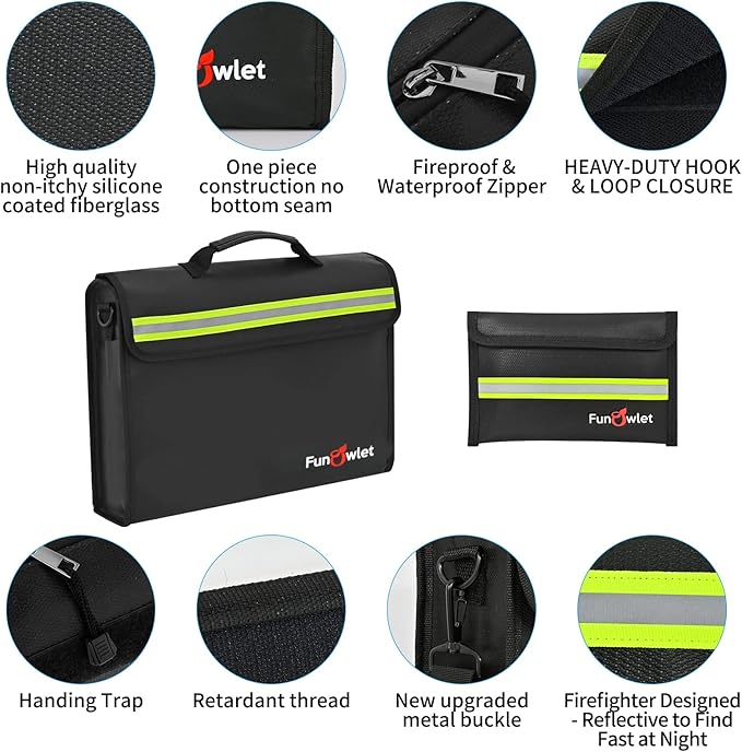 Fireproof Waterproof Money Document Bag - Large Fireproof Safe Box with Wallet Protector, Fire & Water Resistant Storage Organizer Pouch for A4 Documents Holder,File,Jewelry,Passport,Laptop (Black)
