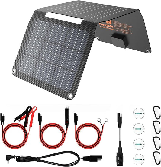 FlexSolar 15W Foldable Solar Panel Trickle Charger Maintainer Kits - 12V DC & USB Output with Built-in Controller Includes Cigarette Lighter, Alligator Clips, O-Rings,OBDII Connector for Car, Truck