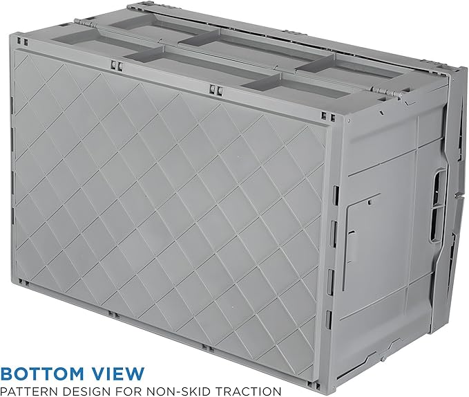 Mount-It! Collapsible Plastic Storage Crate, Folding and Stackable Utility Distribution Container with Attached Lid, 65L Liter Capacity, Pack of 1