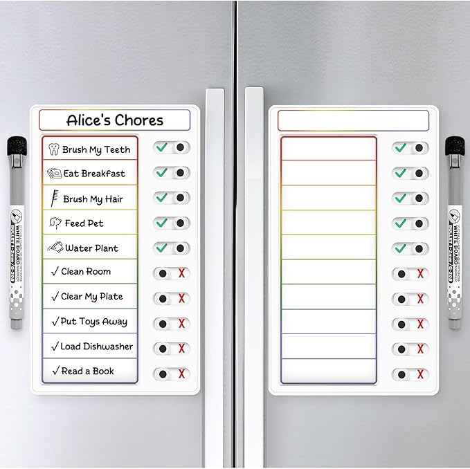 2 Pcs Chore Chart: Dry Erase My Chores Slider Chart, Magnetic Visual Schedule for Fridge, Daily Checklist - ADHD Tools: To Do List and Routine Chart for Multiple Kids (Rainbow 2-Pack)