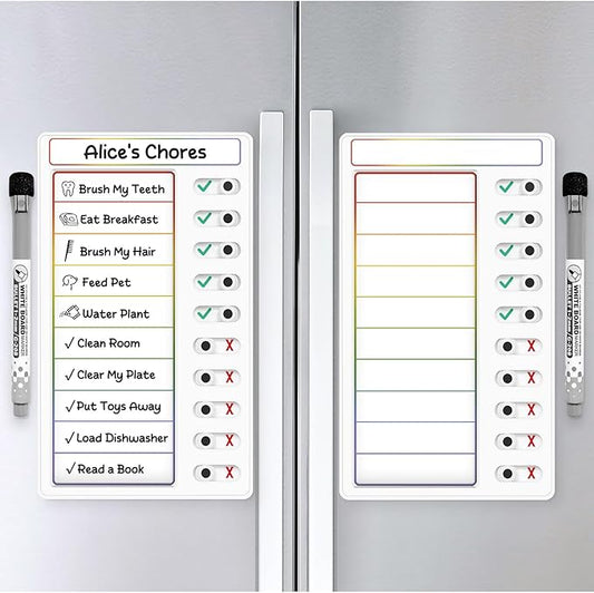 2 Pcs Chore Chart: Dry Erase My Chores Slider Chart, Magnetic Visual Schedule for Fridge, Daily Checklist - ADHD Tools: To Do List and Routine Chart for Multiple Kids (Rainbow 2-Pack)