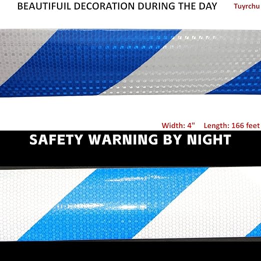 Reflective Tape Blue White 4 inch Wide for Truck, Outdoor Waterproof High Visibility Safety Warning Adhesive Strips (166 feet)