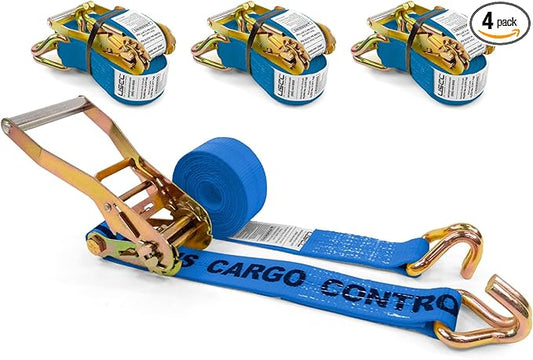 US Cargo Control Wire Hook Ratchet Straps 2 Inch x 12 Foot (4-Pack), 10,000 LBS Break Strength, Ratchet Straps Heavy Duty with Double J Hooks, Blue Cargo Tie Downs for Flatbed Trailers and Trucks