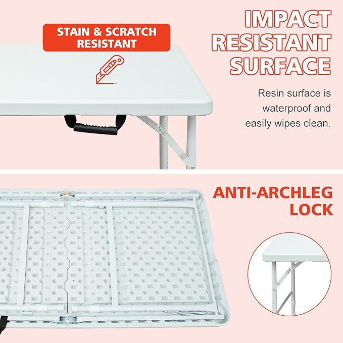 Portable 4Ft Adjustable Height Plastic Folding Table, Heavy Duty Fold-in-Half Table with Carrying Handle, Small Utility Foldable Table for Picnic Party Camping BBQ, Indoor/Outdoor(White)