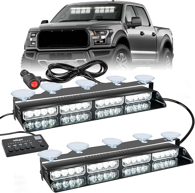 Nilight 32LED White Emergency Dash Strobe Lights with Controller Suction Cups Warning Hazard Interior Front/Rear Windshield Deck Split Light Bar for Trucks Construction Vehicles