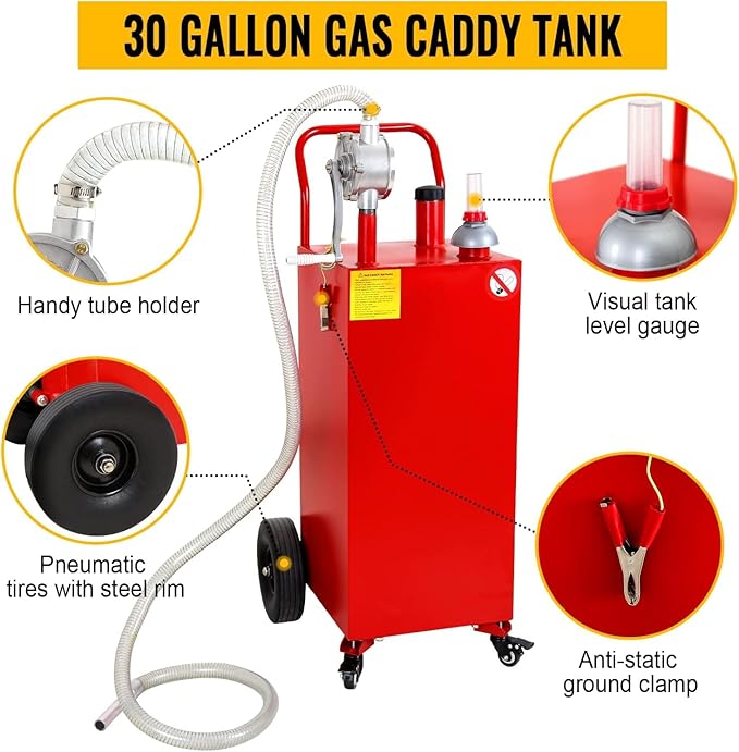 Gas Caddy Fuel Tank Gasoline container Diesel portable gas tank w/pump Rolling & Solid Rubber Wheels for Weeder,Snow blower,Pickup truck,ATV,Water Scooter,Yacht,UTV,Motorcycle (30 Gallon Red)