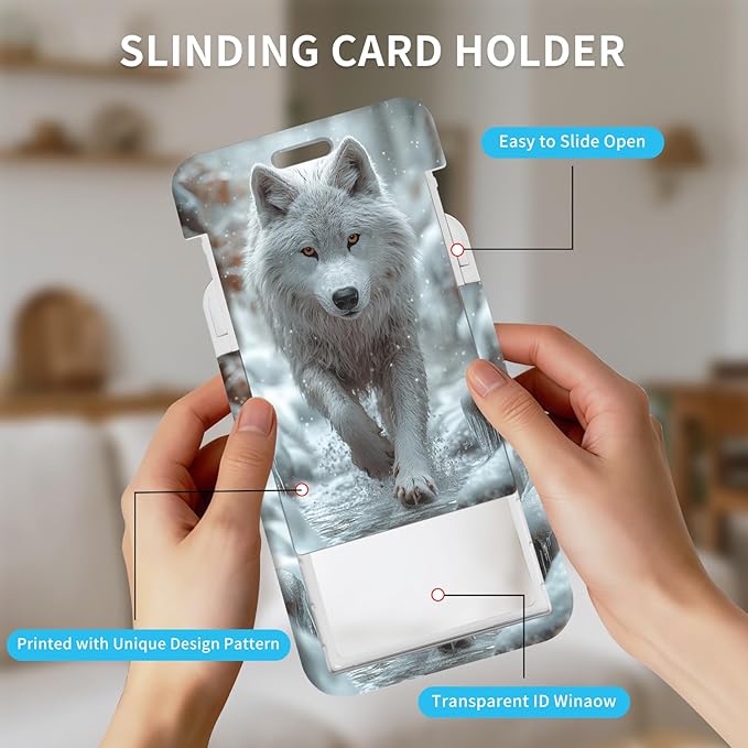 ID Badge Holder with Retractable Lanyard for Women & Men,Vertical ID Card Holder Wallet,Clear Window&Card Slot,Detachable Neck Strap for Nurse Teacher Office,Arctic Wolf Snow