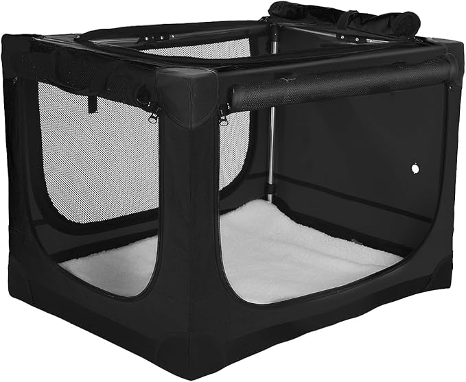 33-Inch Collapsible Travel Dog Crate, Portable 4-Door Soft Kennel for Medium to Large Dogs, Chew-Proof Mesh Windows, Indoor/Outdoor Use, Foldable, with Storage Bag (Black)