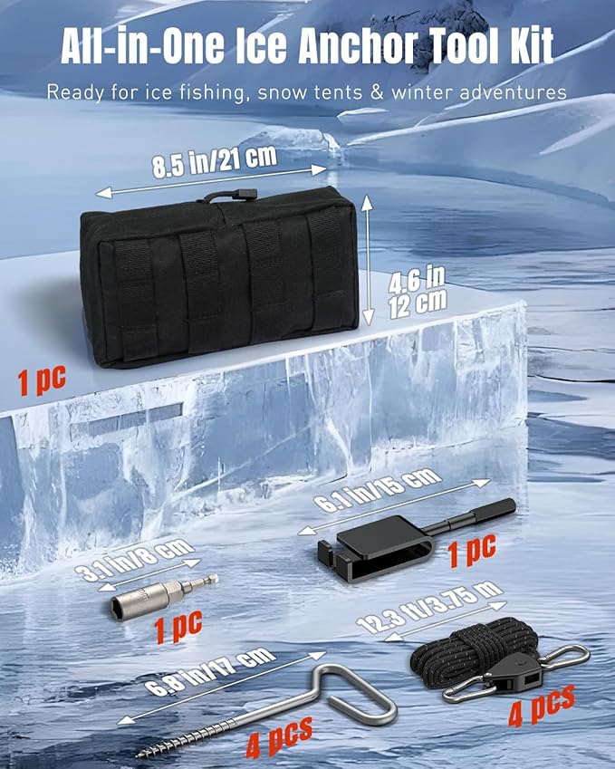 Pawfly 10 Pcs Ice Anchor Tool Kit with Ice Screw Anchors, Tent Guylines, Ice Anchor Drill Adapter & Ice Anchor Drill Attachment, Outdoor Tent Fixing Kit for Winter Camping & Ice Fishing Shelter