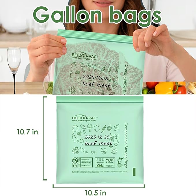 Compostable Gallon Food Storage Freezer Bags, 150 Count | 2 Mil | 10.5" * 10.7", Freshness Easy Open Biodegradable Eco-Friendly Reclosable Compost Zippper Bags