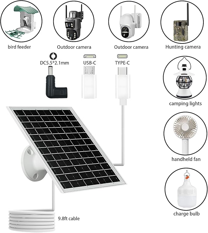 5V 6W USB Solar Panel Portable 5 Volt 6 Watt High Efficiency Monocrystalline Solar Panel Charger Type-C Micro USB C DC Port for Camera Fan Camping Lantern Etc (2 Pack White)