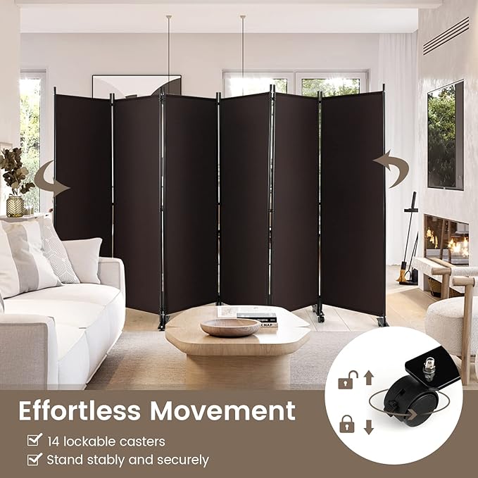 Giantex 6 Panel Room Divider, 132''W x 68''H Large Folding Privacy Screen, Rolling Partition Room Dividers for Home Office Studio Separation, Freestanding Fabric Wall Divider Screen on Wheels, Brown