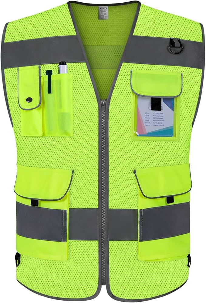 TCCFCCT Mesh Hi Vis Vest 9 Pockets High Visibility Reflective Safety Vest for Men Women, Safety Construction Vest with Reflective Strips, Meets ANSI/ISEA Standards, (Yellow, Medium)