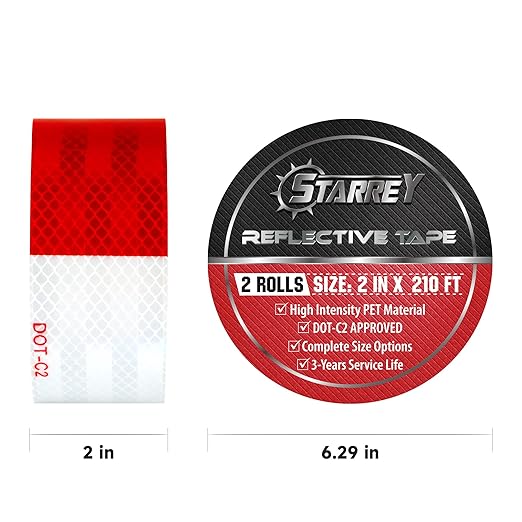 Reflective Tape Outdoor Red White 2 in X 210 FT Waterproof Self Adhesive DOT-C2 Safety Caution Reflector Conspicuity dot Tape for Cars Trailers