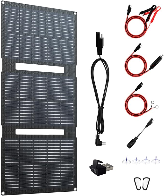 FlexSolar 28W Foldable Solar Panel Trickle Charger Maintainer Kits - 12V DC & QC3.0 USB Output with Built-in Controller, Includes Cigarette Lighter, Alligator Clips, O-Rings，OBDII Connector
