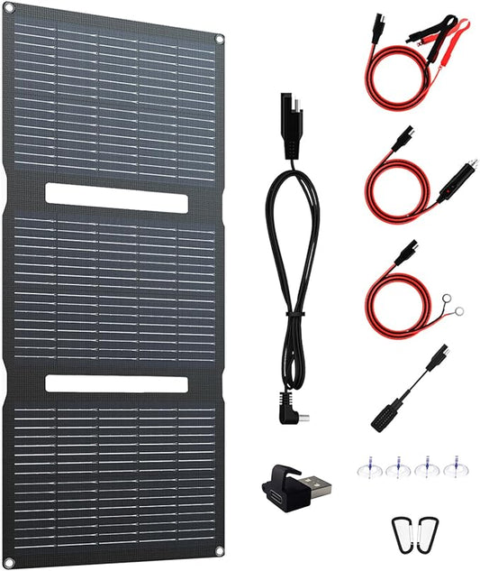 FlexSolar 28W Foldable Solar Panel Trickle Charger Maintainer Kits - 12V DC & QC3.0 USB Output with Built-in Controller, Includes Cigarette Lighter, Alligator Clips, O-Rings，OBDII Connector