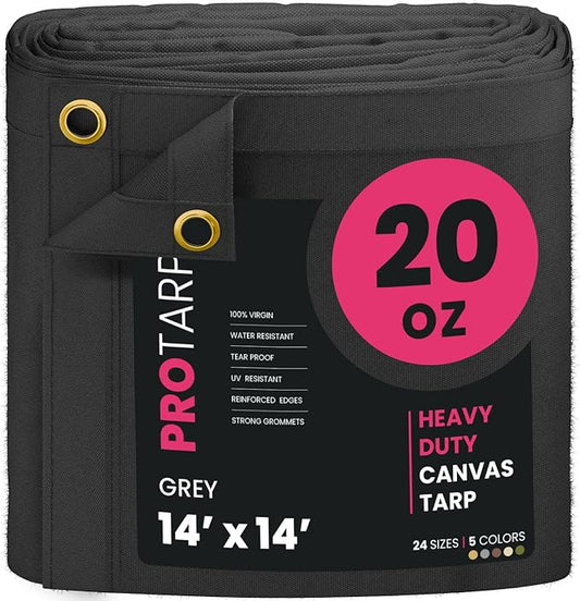 PROTARP Extreme Heavy Duty 20 OZ Water Resistant Canvas Tarp, UV Resistant Tarpaulin Cover with Rustproof Brass Grommets, Multipurpose for Canopy, Roof, Camping, Woodpile (Grey 14'X14')