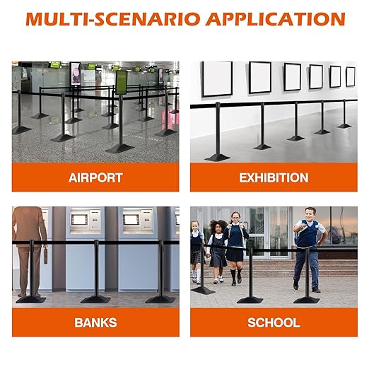 4 Pack Crowd Control Stanchion Set, Black Posts with 10FT Retractable Belt, Space-Saving Rectangular Heavy Base, Queue Barrier for Events & Traffic Management