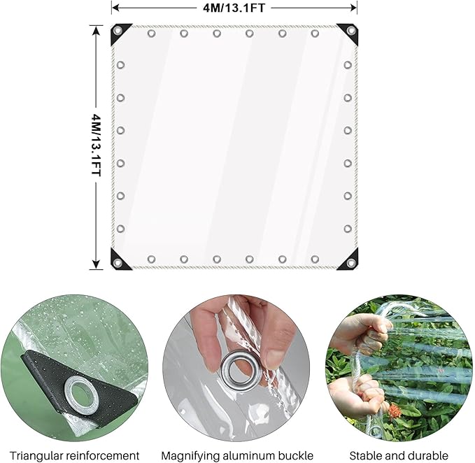 Clear Tarps Heavy Duty Waterproof, Transparent PVC Vinyl Tarpaulin with Grommets, Ropes, Reinforced Edge, Tear-Resistant, Anti-UV for Greenhouse, Patio, Garden, Porch, Pavilion, Outdoor