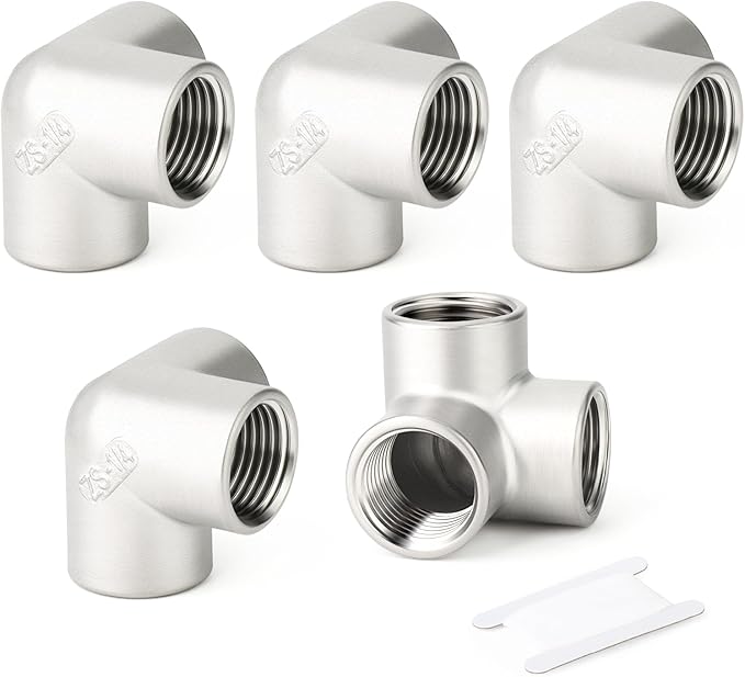TAISHER 5PCS 304 Stainless Steel 3 Way Corner Pipe Fittings, 1/4" x 1/4" x 1/4" Female Pipe Fittings
