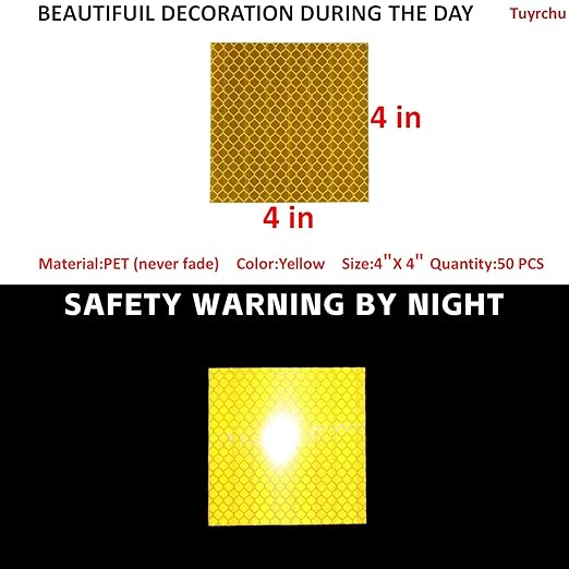 Non Fading Yellow Reflective Stickers 4 inch X 4 inch, Outdoor Waterproof High Visibility Warning Safety Adhesive Reflector Tape (50 Pcs)