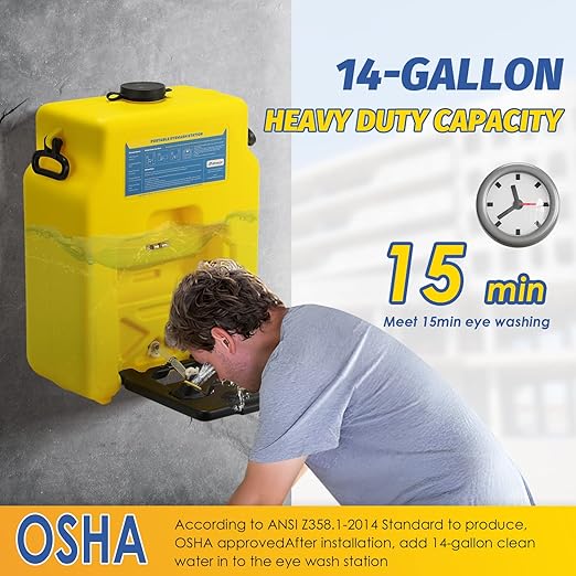 14gal Portable Eye Wash Station, 15min Heavy Duty Self-contained Eyewash Station, Wall Mounted Eye Washing Station, Gravity Fed Eye Wash Unit, OSHA Approved, NO Leakage, with Mirror