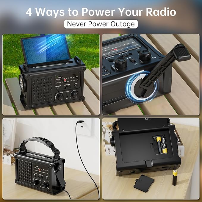NOAA Emergency Weather Radio-12000mAh/44400mWh Radio Portable AM/FM with Solar/Hand Crank/USB Rechargeable Battery/SOS Alarm for Indoor/Outdoor Emergencies