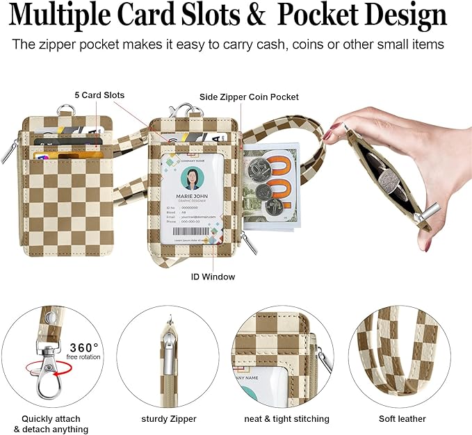 bolimoss Checkered Lanyard Wallet with ID Badge Holder Breakaway Neck Lanyard, Pu Leather Zip Id Case Wallet with Zipper Pocket for Women Office Worker Teacher Student Nurse