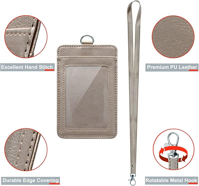 PU Leather ID Badge Holder, Life-Mate ID Badge Holder with 1 Clear ID Window 1 Credit Card Slot and PU Leather Lanyard for Badge Credit Cards College ID Cards in Blonde