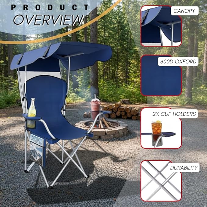 Portable Folding Camping Chairs with Canopy Shade, Beach Chair for Adults, Durable Weather Resistant 600D Oxford Cloth, Camping Chair with Canopy for Outdoors [Navy]