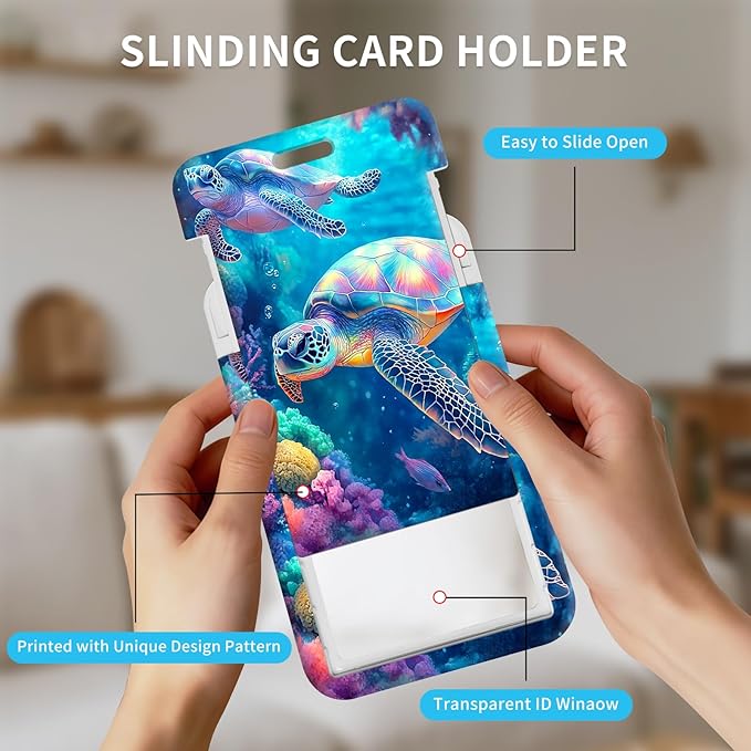 ID Badge Holder with Retractable Lanyard for Women & Men,Vertical ID Card Holder Wallet,Clear Window&Card Slot,Detachable Neck Strap for Nurse Teacher Office,Tropical Turtles Coral Reef