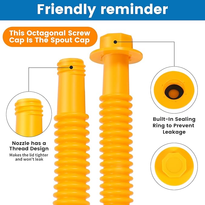 Gas Can Spout Replacement 5 Kits, 1/2/5/10 Gallon Gas Can Nozzle Replacement, Leak Proof, HDPE Material, Yellow, 8 Inch Flexible Nozzles, Spout Cover, Base Cap, Screw Collar Caps, Drill Bit