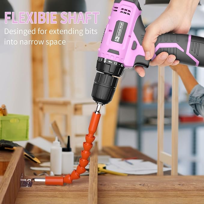 FADAKWALT Cordless Drill Set, 12V Power Drill Set with Battery and Charger, 3/8'' Keyless Chuck, 21+1 Torque Setting, 180 inch-lbs, Pink Electric Drill for Women's Garden DIY Projects（Pink)