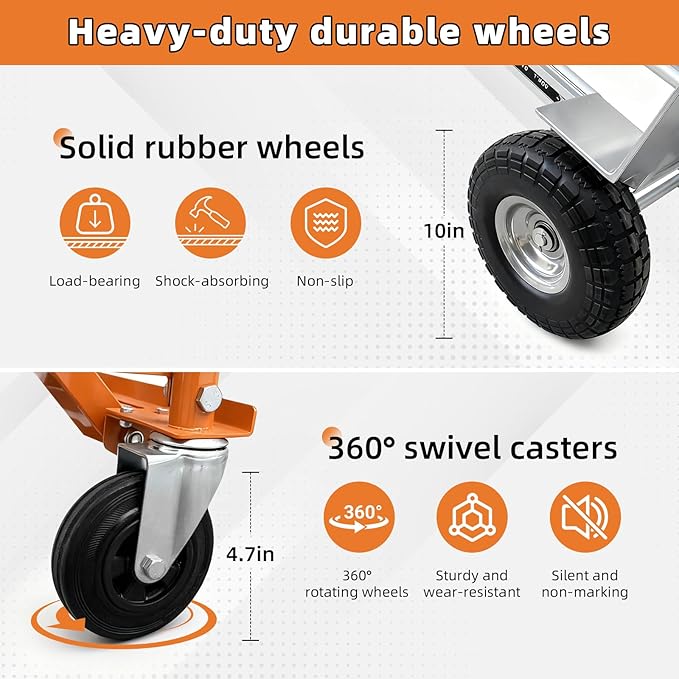 Aluminum 4 in 1 Convertible Hand Truck Dolly, 1000Lbs Capacity, Heavy Duty Folding Hand Truck Dolly Cart with Wheels 10" Solid, 2 Safety Strap, Hand Trucks for Logistics, Moving Home, Shopping, Office