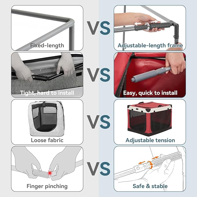 PETSFIT Collapsible Dog Crate, with Patented Adjustable Fabric Cover, Chewproof & Lockable Mesh Doors, Waterproof Base Portable Kennel Red 40 Inch