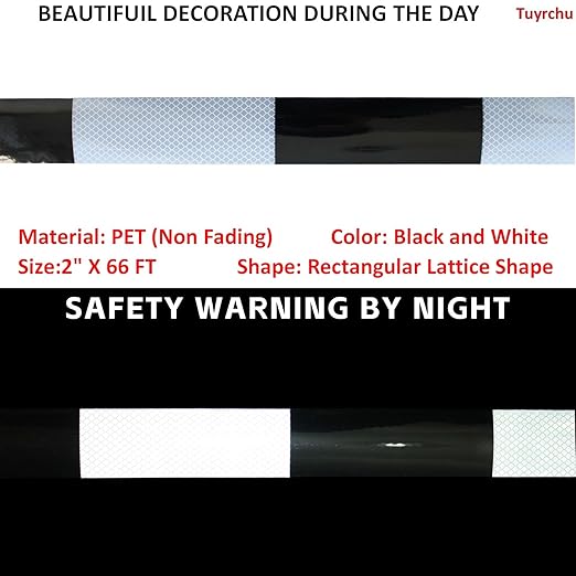 Reflective Tape Black White 2 inch Wide for Cars, Outdoor Waterproof High Visibility Safety Warning Adhesive Strips (66 feet)