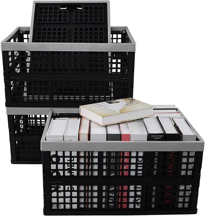 4 Packs 40L Collapsible Storage Baskets, Utility Folding Milk Crates, Stackable Plastic Storage Bins, Black