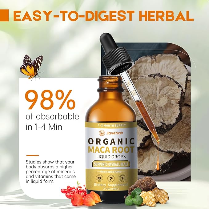 Organic Maca Root Liquid Drops with Ashwagandha,Goji Berry,Ginger,Magnesium and L-Arginine for Women and Men,Ashwagandha Maca Root Supplements Tincture 2 Fl Oz