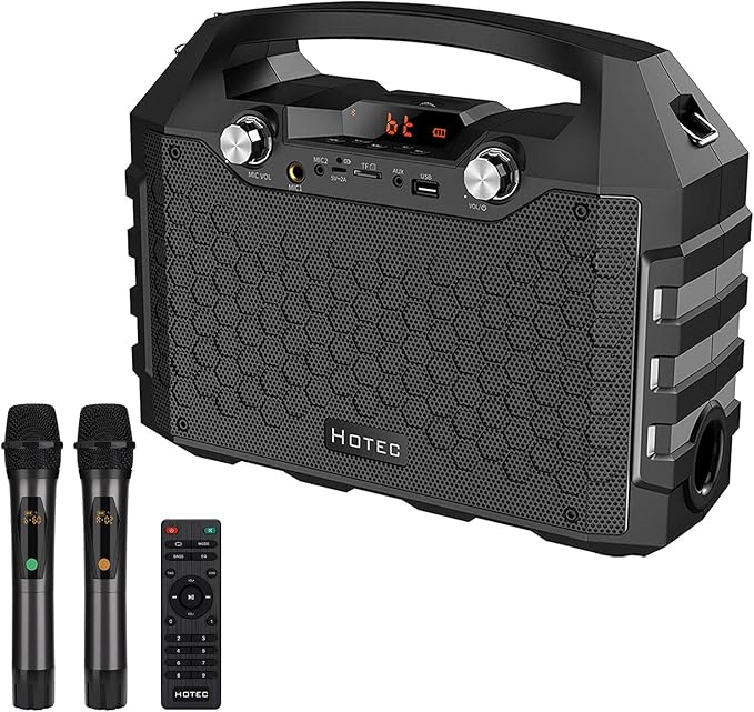 Hotec Wireless Bluetooth Portable PA Speaker System, Powerful Bluetooth Karaoke Machine with Dual Wireless Microphones for Karaoke, Wedding, Party, Teaching, Lecture, Church, Outdoor Indoor Activities