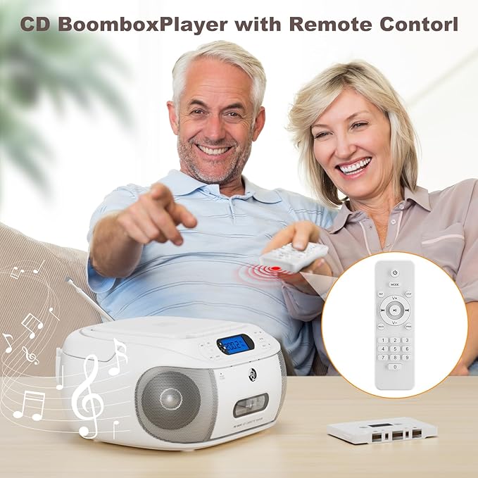 CD Cassette Player Combo, Hernpark Rechargeable Boombox with Bluetooth 5.1, CD Player with Remote Control, Tape Recording, FM Radio, Super Bass, Stereo Sound, Aux/USB Drive, Headphones Jack -White