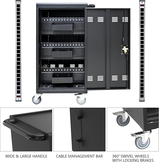 45-Device Mobile Charging Cart with Charging Power Strip and Front and Rear Access Locks, Cable Management, Up to 17"", Safe Charging Cabinet for Ipads, Chromebooks, Tablets, Laptops Black