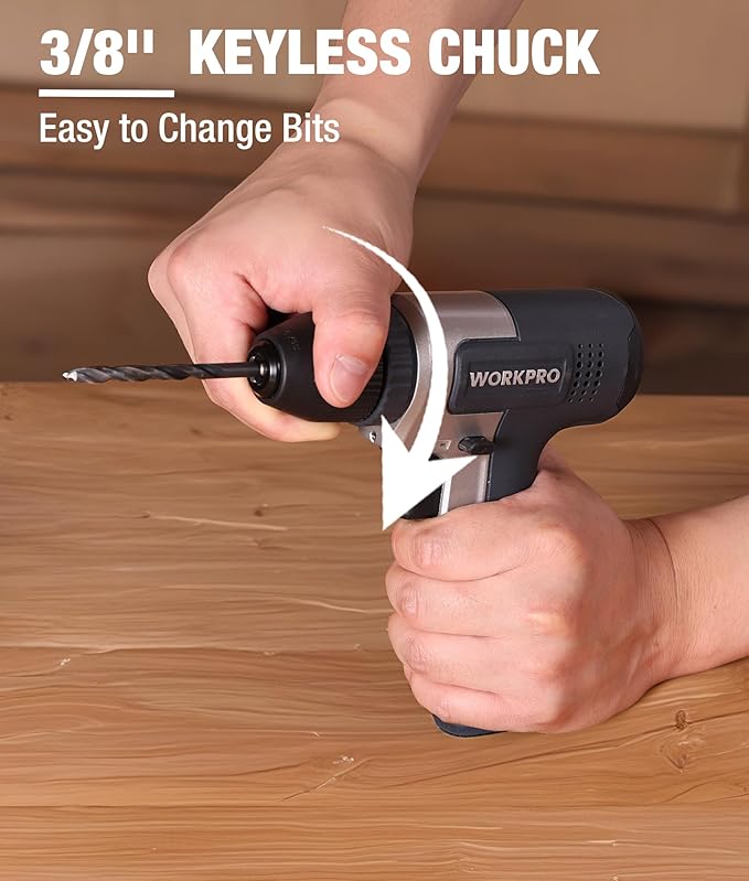 WORKPRO 8V Cordless Drill Set, 2Ah Electric Power Drill with 3/8'' Keyless Chuck, 15pcs Bits, Type-C Charging, Built-in LED and Variable Speed for Drilling and Screwing