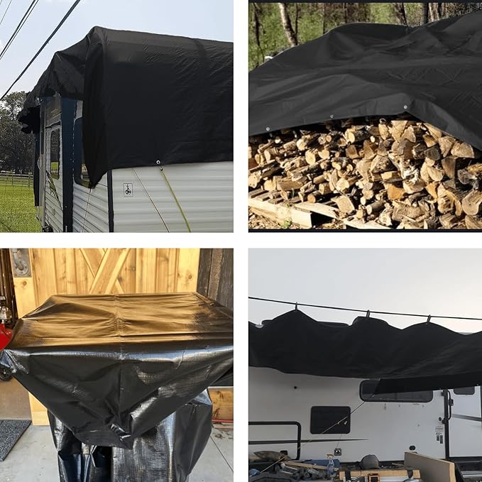Tarps Heavy Duty Waterproof, 8x10FT Heavy Duty Tarps with Grommets Reinforced Edges, UV Resistant, Tear&Fade Resistant, 16 Mil Black Covers for Camping Patio Roof Boat Outdoor
