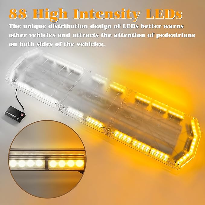 48 Inch Amber White Emergency Light Bar 88 LED Super Bright Rooftop Strobe Lights Waterproof Hazard Warning Roof Top Flashing Light Bar for Tow Truck Snowplow Construction Vehicle (DC 12-24V)