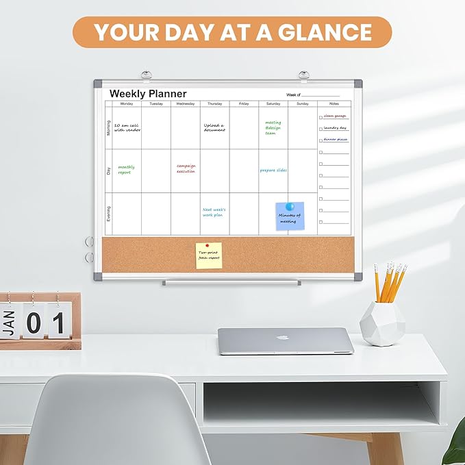 Weekly Dry Erase Calendar Whiteboard for Wall, 24" x 18" Double-Sided Weekly Planner White Board Cork Combo, Hanging & Wall Mount Week Bulletin Board with Notes for Home, Office, School, Kitchen