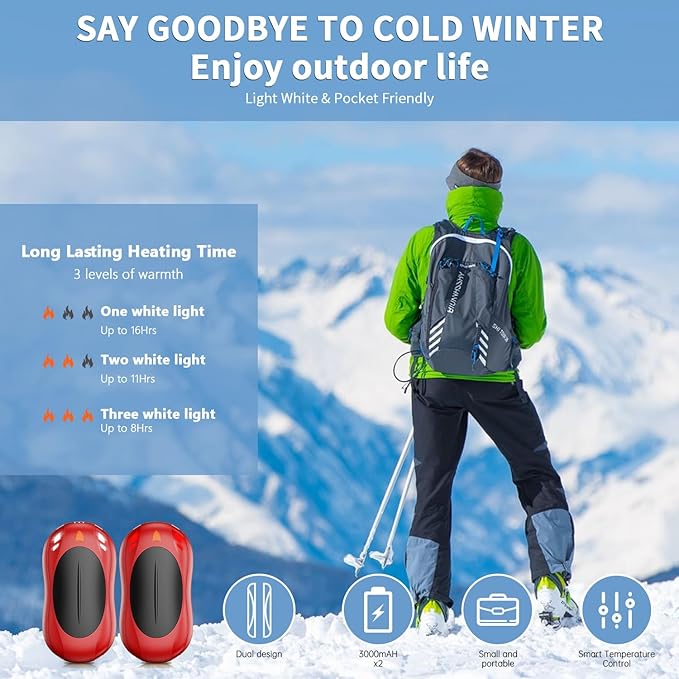 2 Pack Hand Warmers Rechargeable, 6000mAh AI Smart Chips Hand Warmers, Long Lasting Portable Heater for Christmas Xmas, Golf, Hunting Gear, Camping Accessories