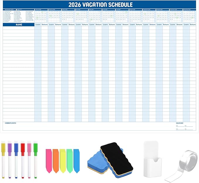 Lincia Large Magnetic 2026 Full Vacation Schedule 24" x 36" Reusable Yearly Office Whiteboard Wall Vacation Planner