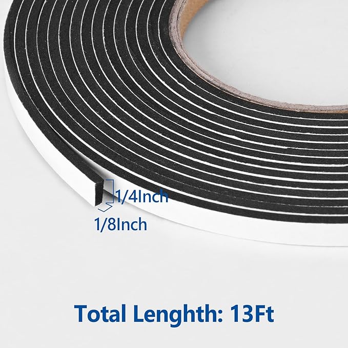 Kikerike Self Adhesive Foam Tape Weatherstrip 1/4In x 1/8In x 13Ft High Density Foam Insulation Strips Seal Weather Stripping with Strong Adhesive for Door and Window Sound Isolation Soundproofing